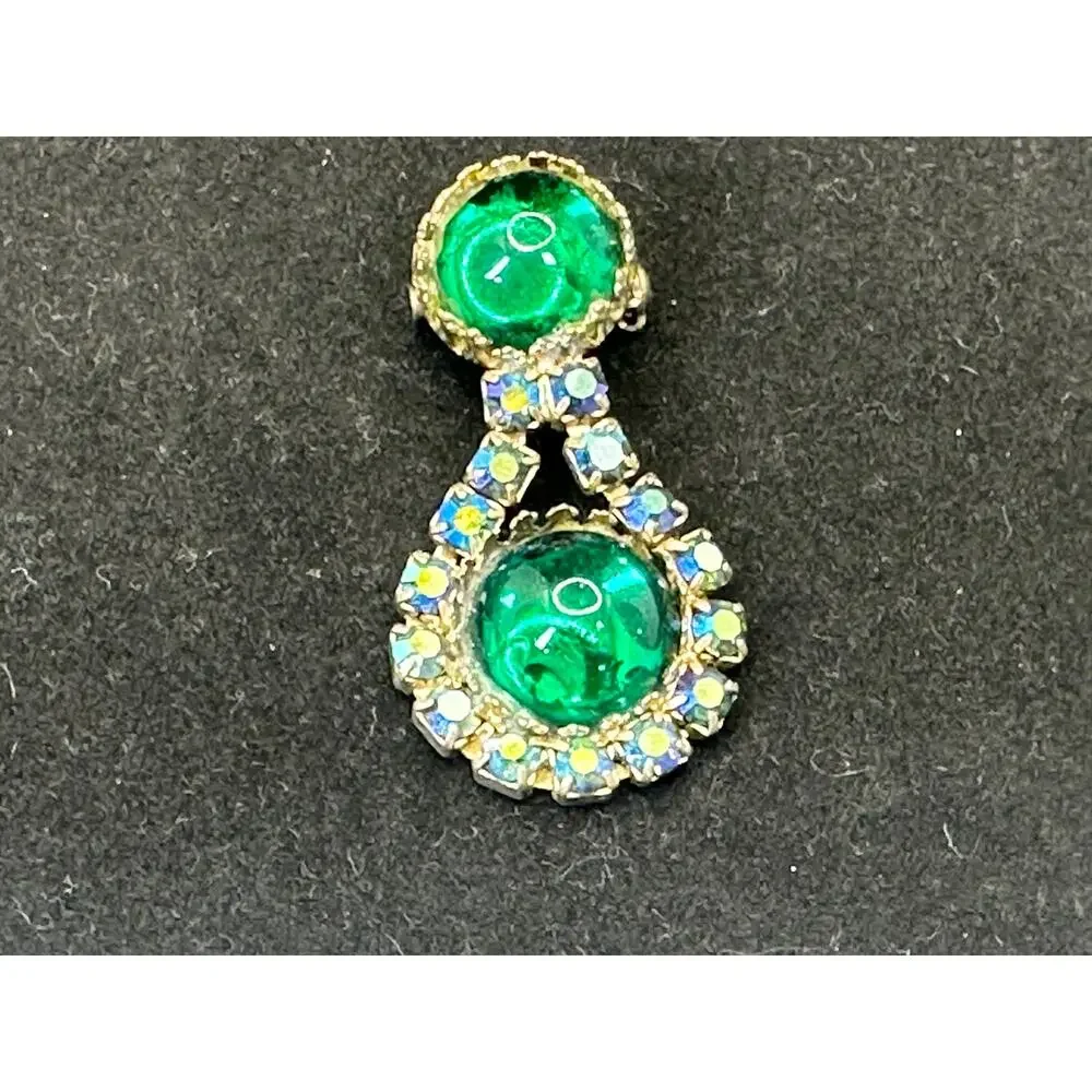 Vintage Gold-Tone Brooch MCM Green Cabochon and Iridescent Rhinestone Estate